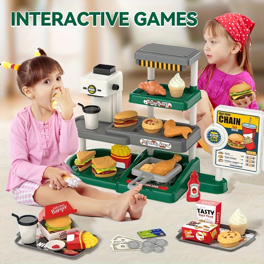 Kids Education Store - Spielzeug-Fast-Food-Laden mit Kasse, Kaffeemaschine, Burger, Pommes,