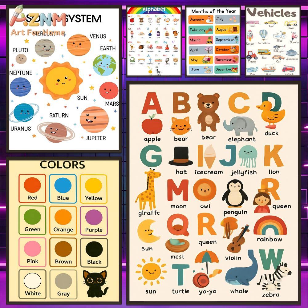 Kids Educational Posters - AZNM Kinder-Lernposter auf Leinwand: Sonnensystem, Alphabet,