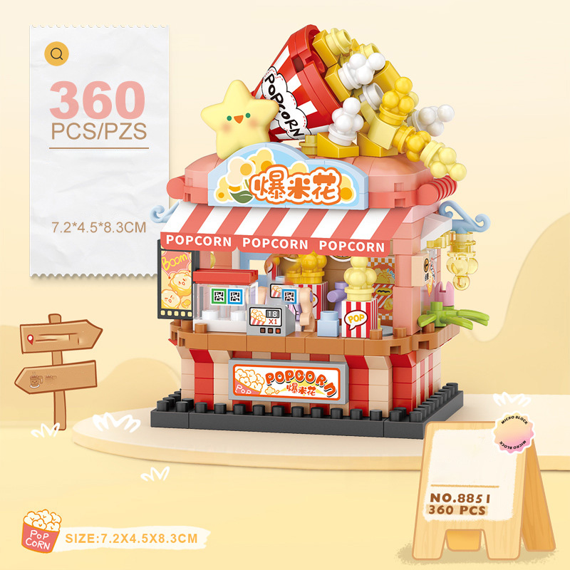 Kids Education Store - Mini-Straßenansicht-Laden-Bausteine, Kaffee-Popcorn-Takoyaki-Laden-Modell, DIY-Montagespielzeug, Lernbausteine-Set, Kindergeschenk